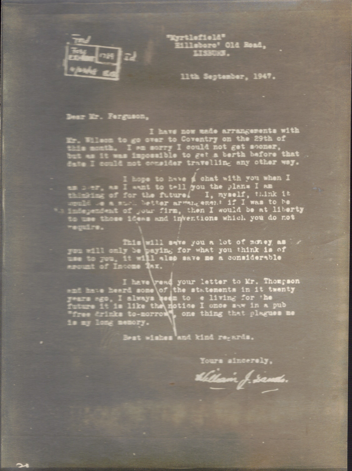 First page of Correspondence dated 9 November 1947, 9 November 1947