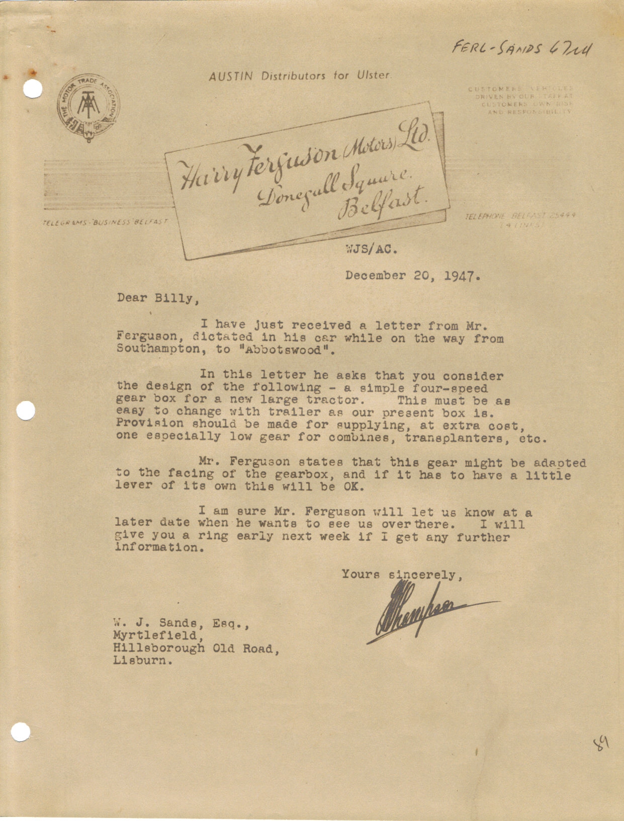 First page of Correspondence dated 20 December 1947, 20 December 1947