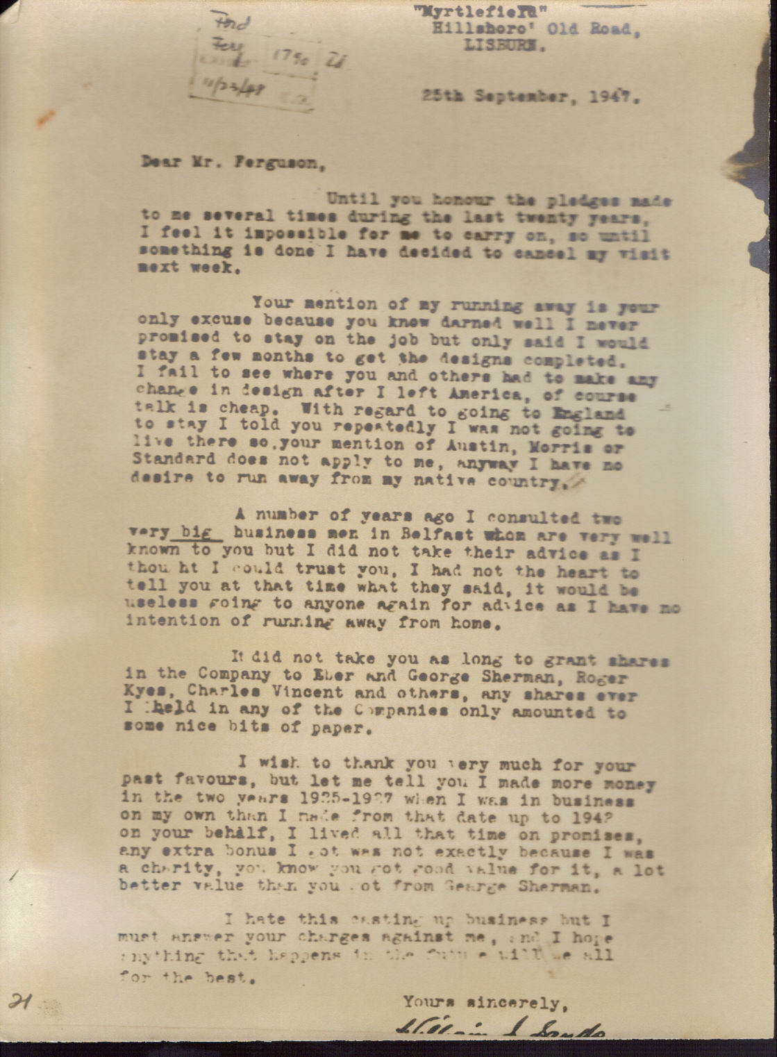 First page of Correspondence dated 25 September 1947, 25 September 1947