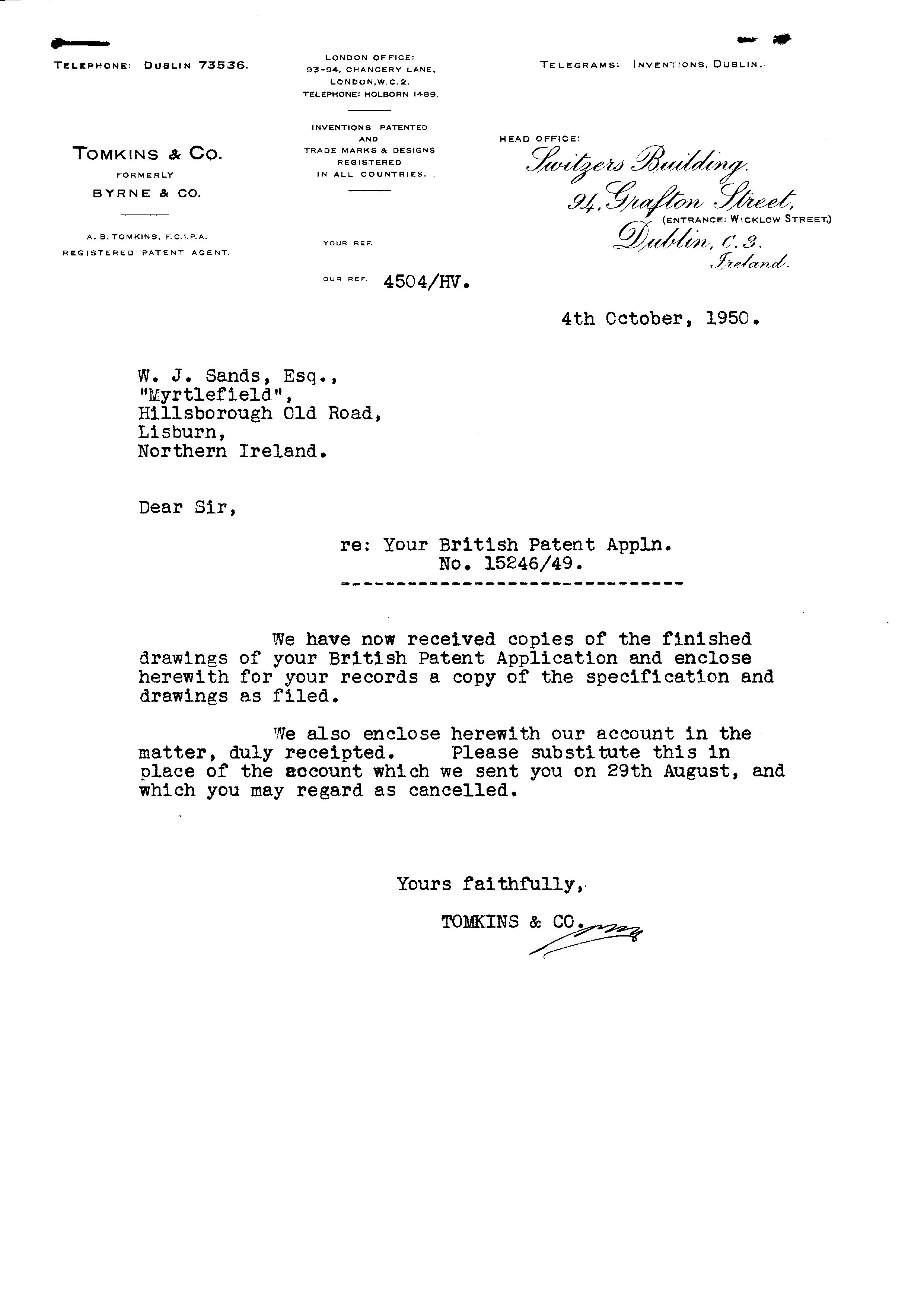 First page of letter from Tomkins & Co. to W. J. Sands, 10 April 1950