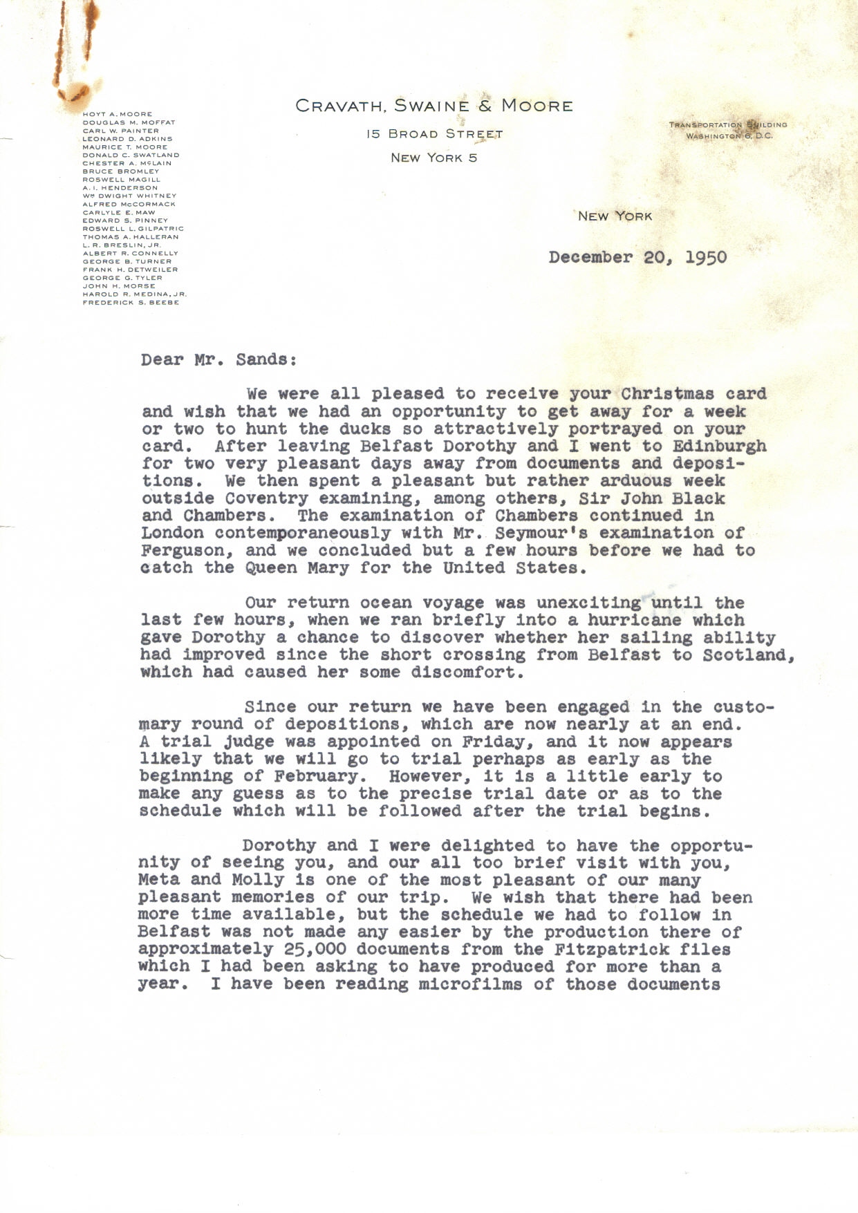 First page of Correspondence dated 20 December 1950, 20 December 1950