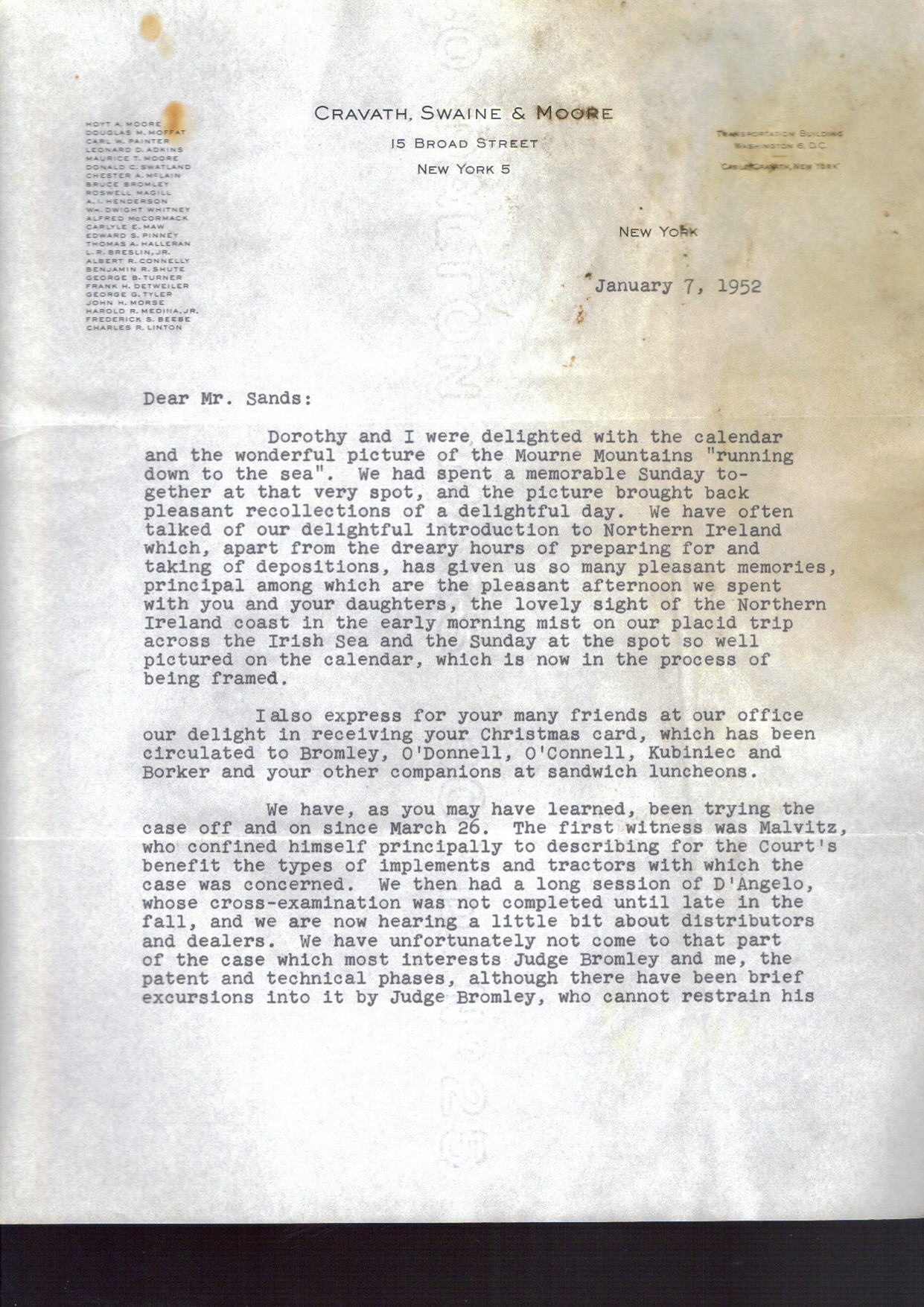 First page of Correspondence dated 7 January 1952, 7 January 1952
