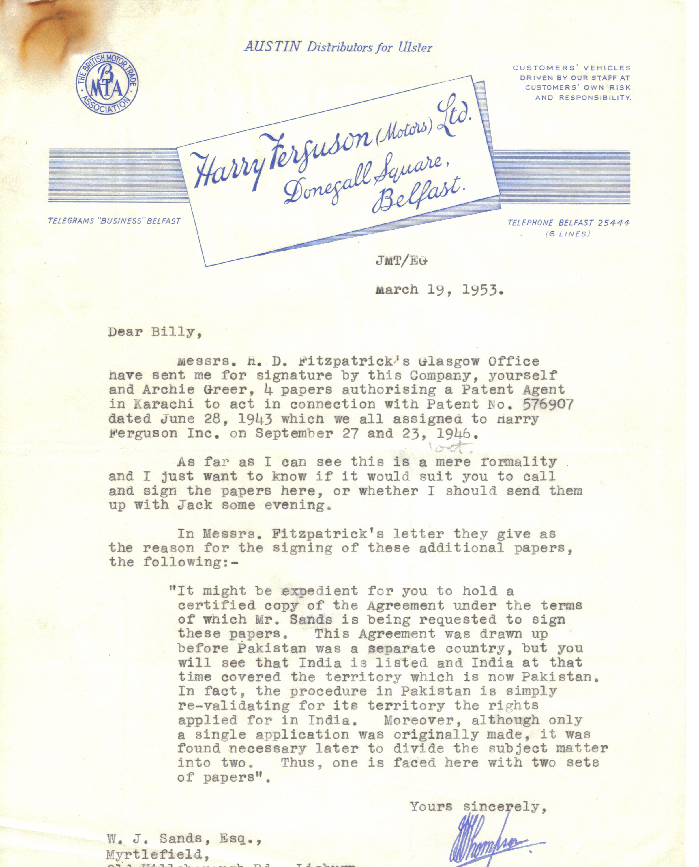 First page of Correspondence dated 19 March 1953, 19 March 1953
