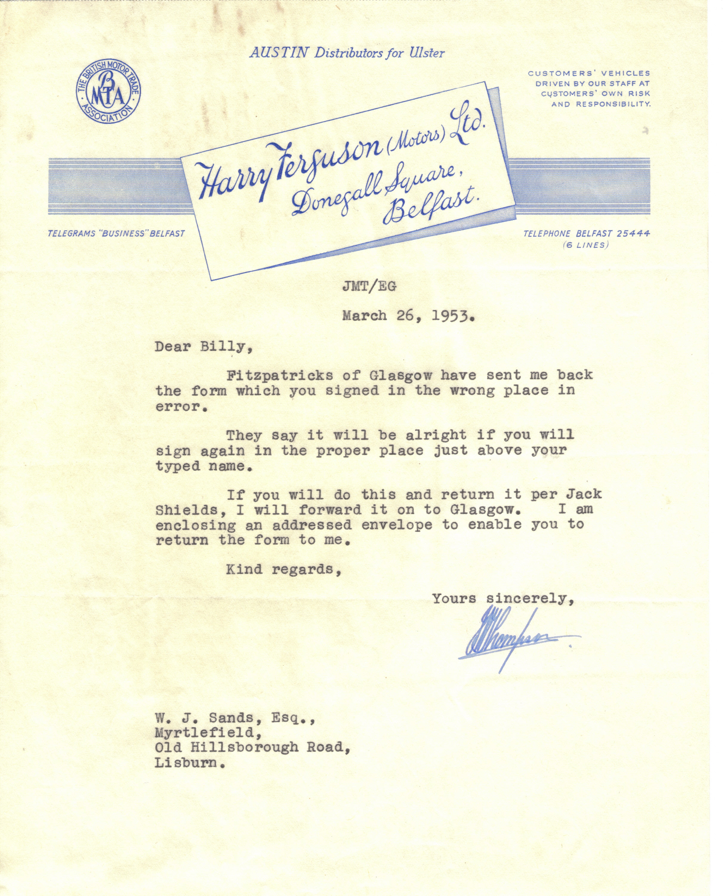 First page of Correspondence dated 26 March 1953, 26 March 1953