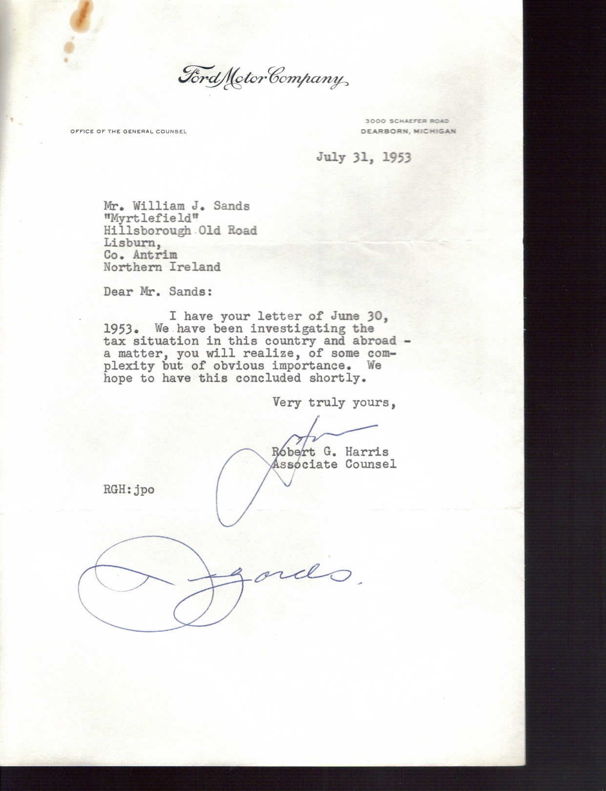 First page of Correspondence dated 31 July 1953, 31 July 1953