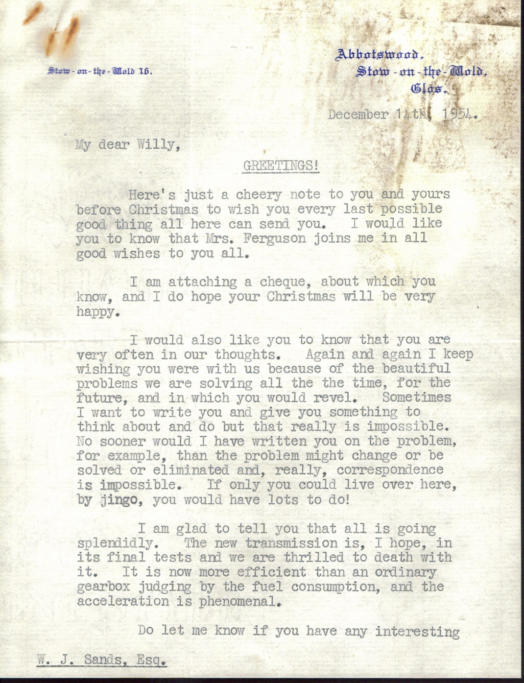 First page of Correspondence dated 14 December 1954, 14 December 1954