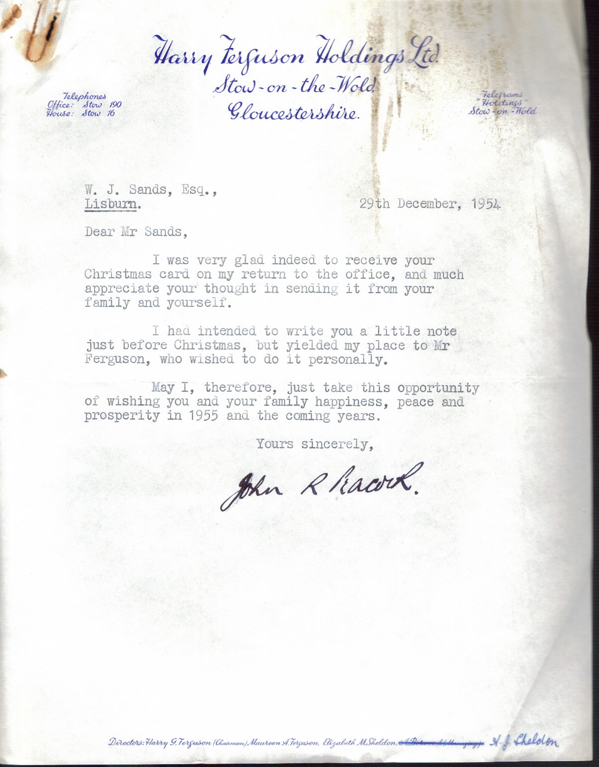 First page of Correspondence dated 29 December 1954, 29 December 1954