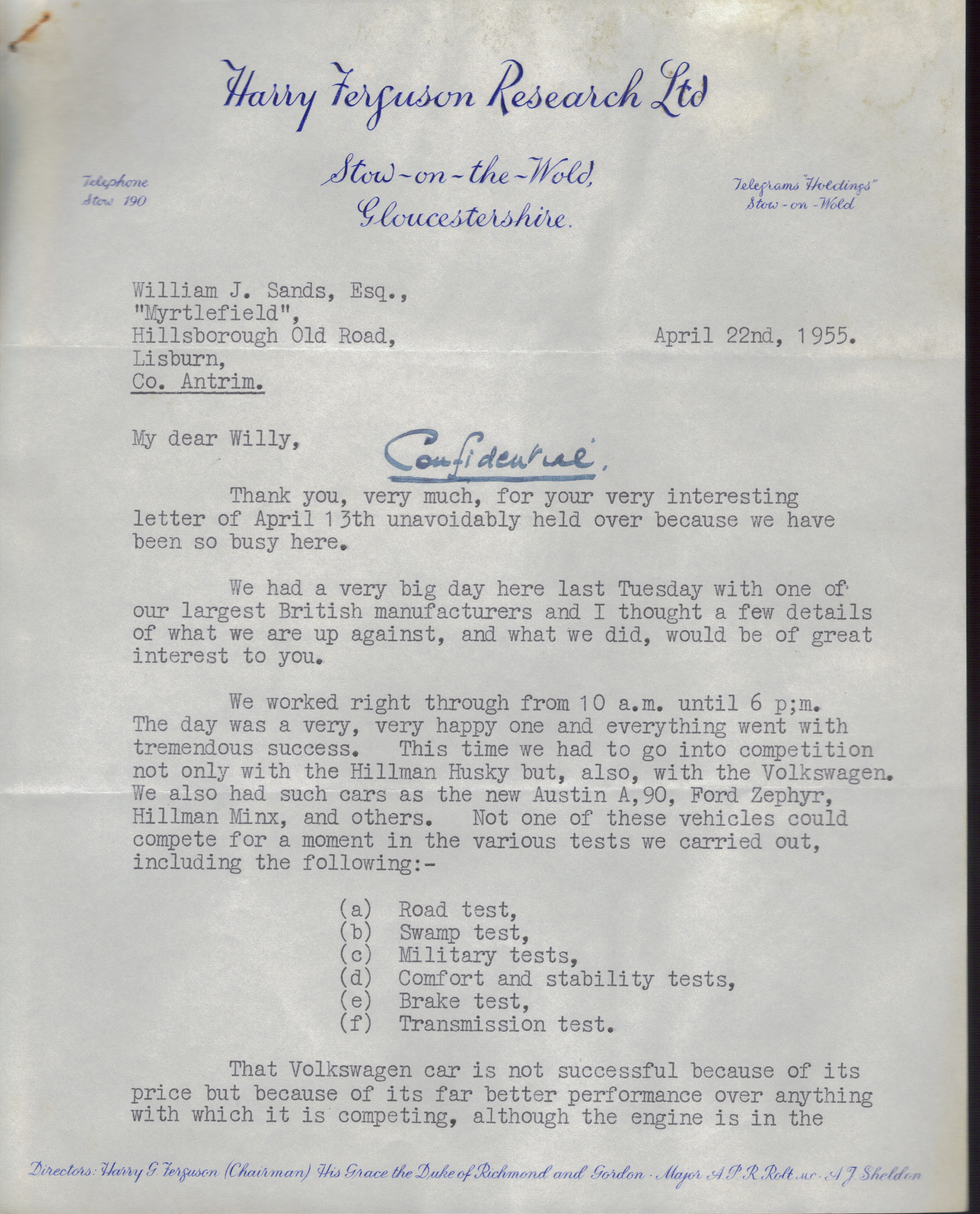 First page of Correspondence dated 22 April 1955, 22 April 1955