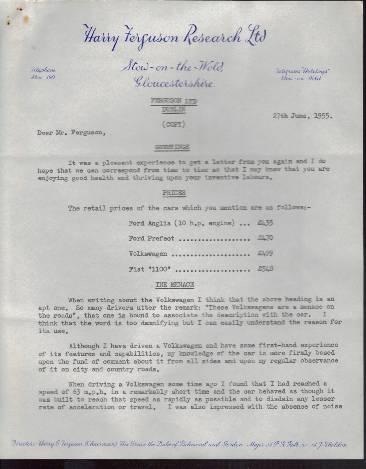First page of Correspondence dated 27 June 1955, 27 June 1955