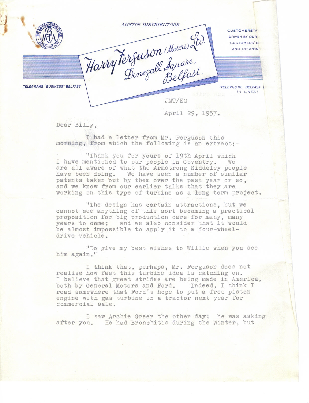 First page of Correspondence dated 29 April 1957, 29 April 1957