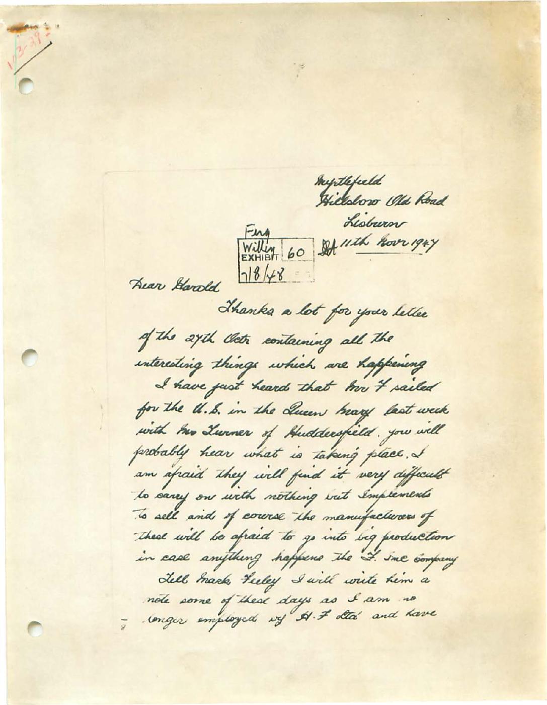First page of Correspondence dated 11 November 1947, 11 November 1947