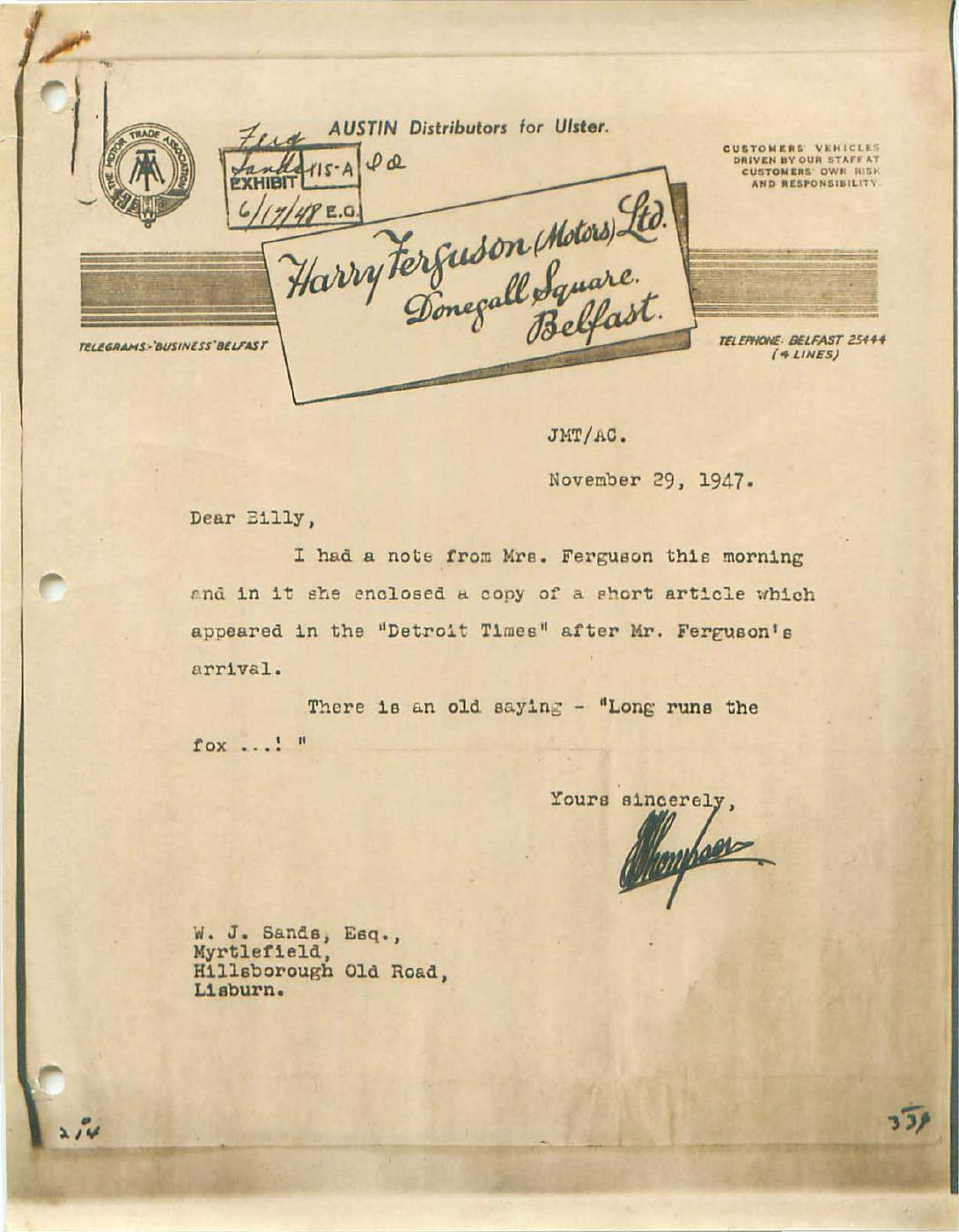 First page of Correspondence dated 29 November 1947, 29 November 1947