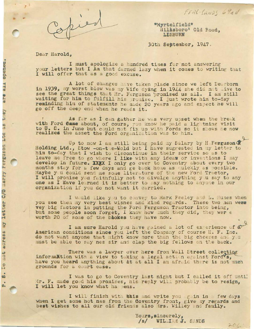 First page of Correspondence dated 30 September 1947, 30 September 1947