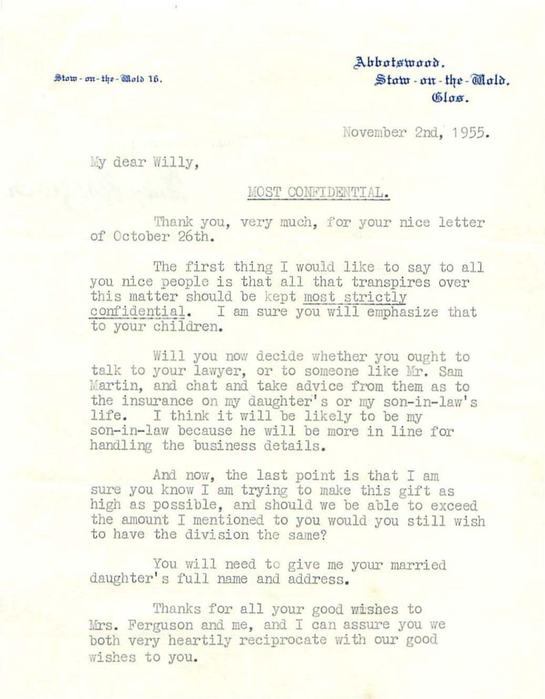 First page of Correspondence dated 2 November 1955, 2 November 1955