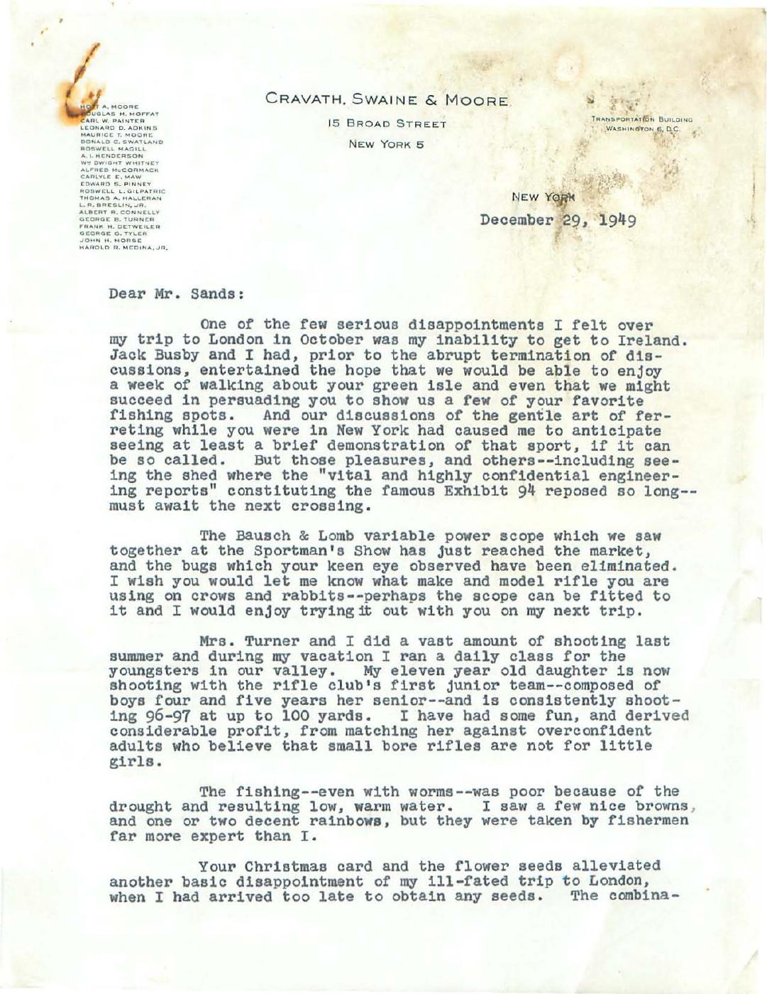 First page of Correspondence dated 29 December 1949, 29 December 1949