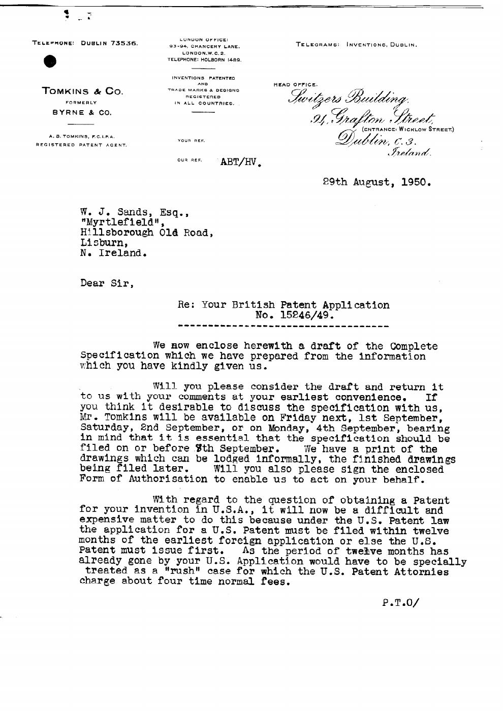 First page of Correspondence dated 29 August 1950, 29 August 1950