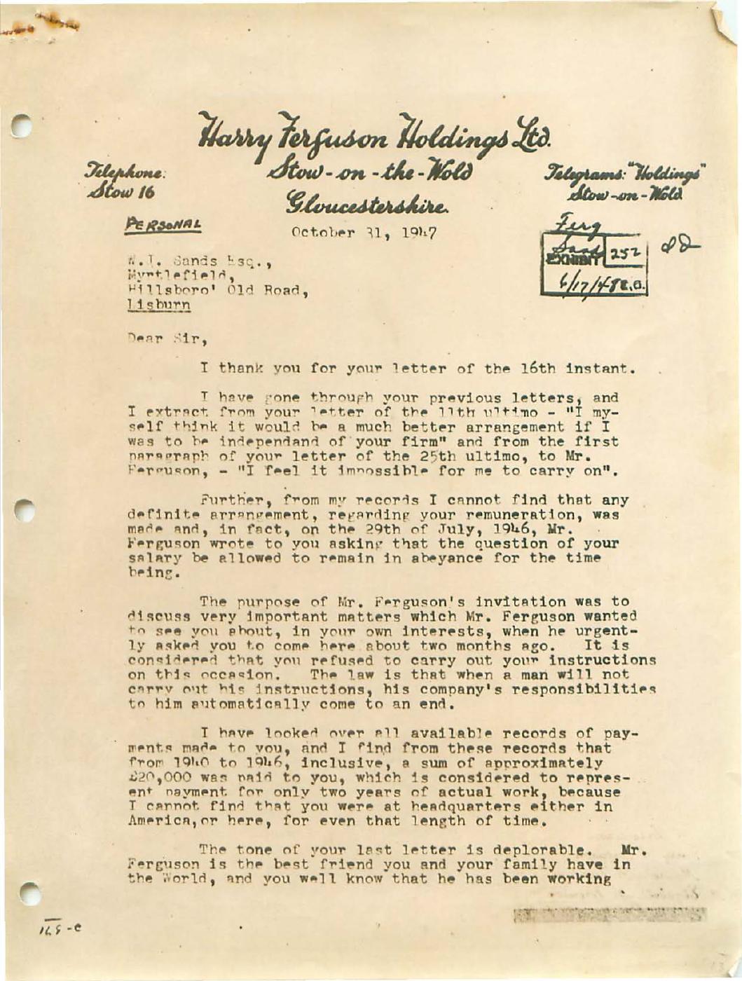 First page of Correspondence dated 31 October 1947, 31 October 1947