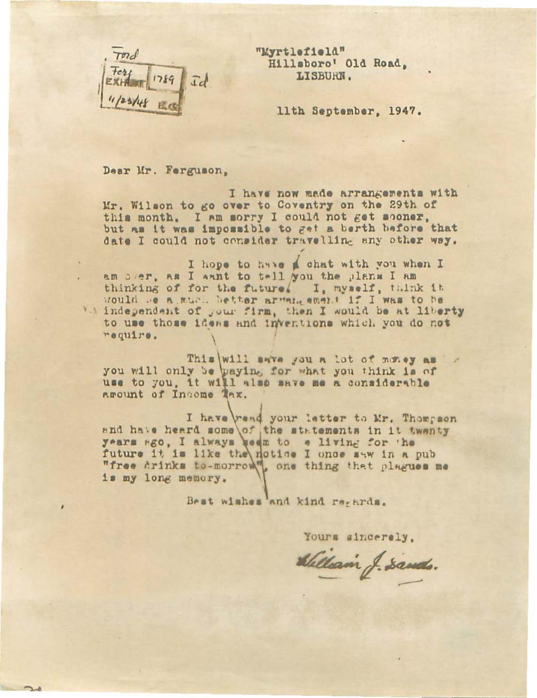 First page of Correspondence dated 11 September 1947, 11 September 1947