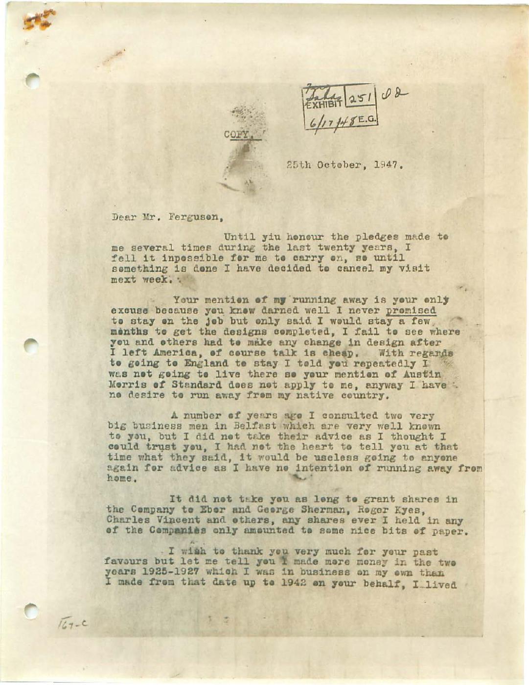 First page of Correspondence dated 25 October 1947, 25 October 1947
