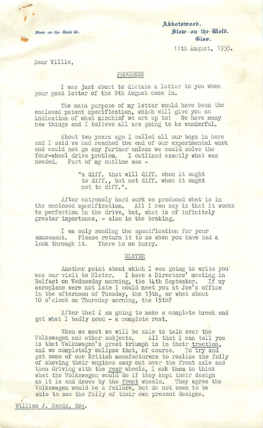 First page of letter from Harry Ferguson to William J. Sands, 11 August 1955