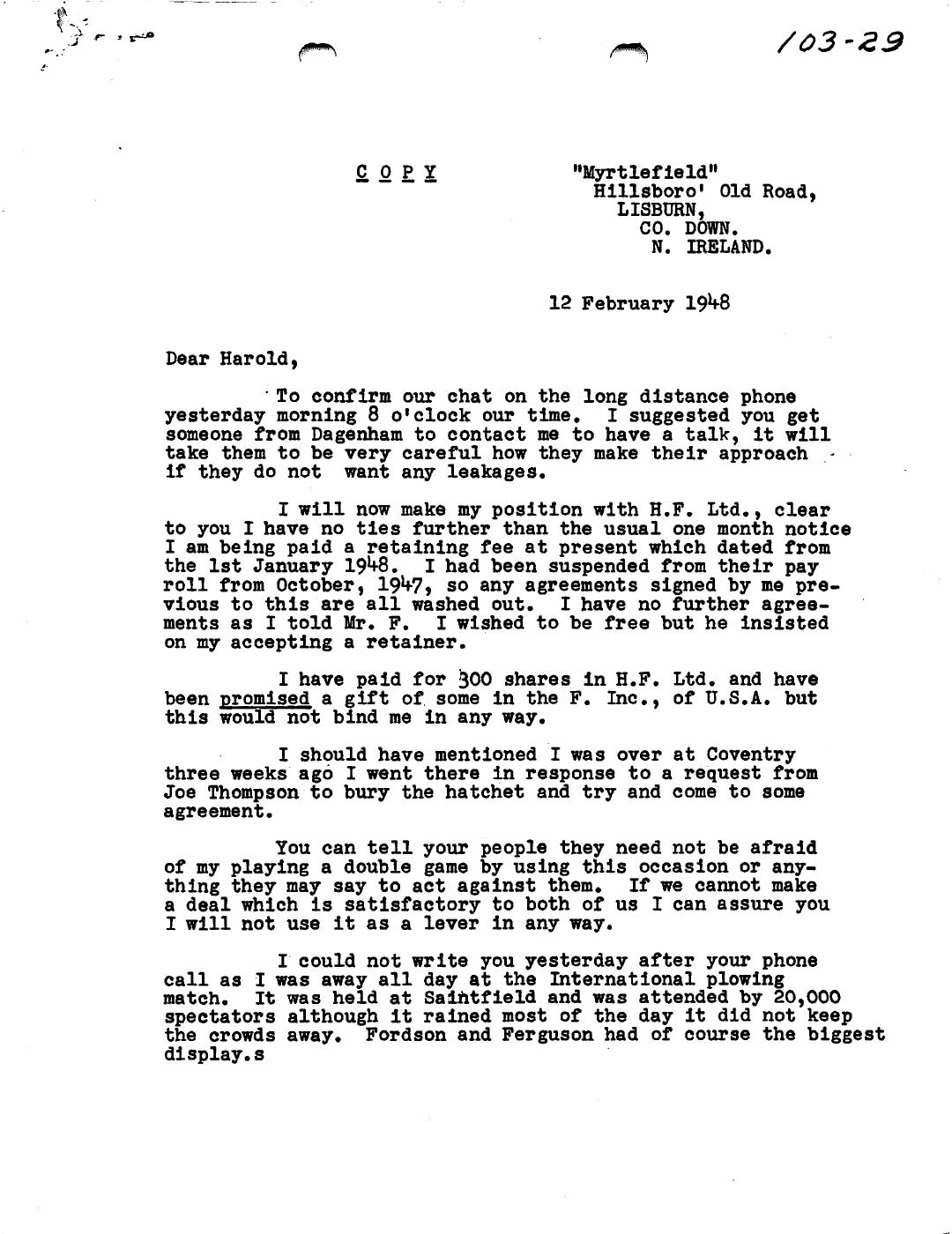 First page of Correspondence dated 12 February 1948, 12 February 1948
