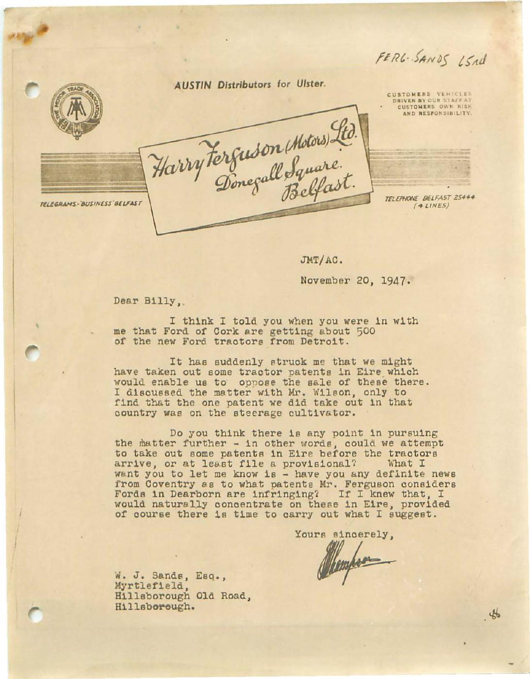 First page of Correspondence dated 20 November 1947, 20 November 1947