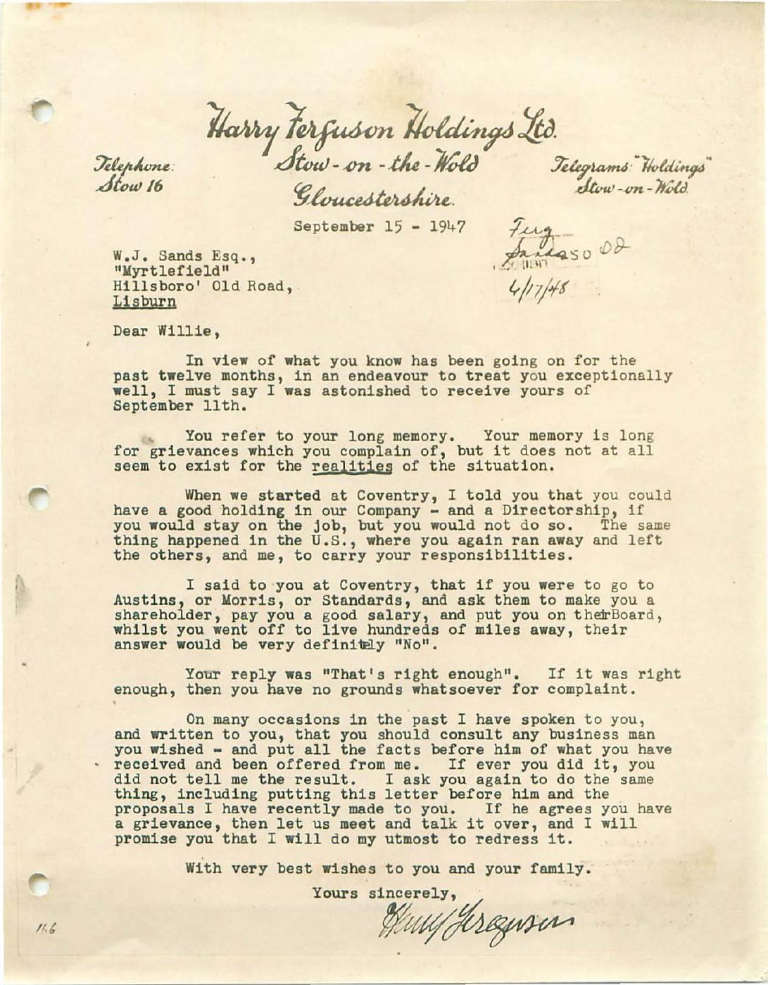 First page of Correspondence dated 15 September 1947, 15 September 1947