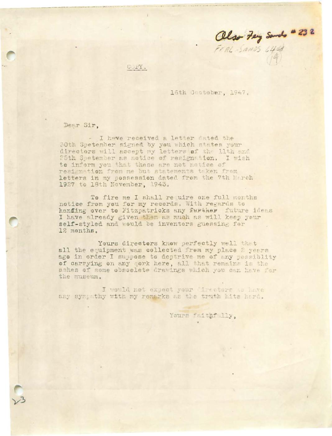 First page of Correspondence dated 16 October 1947, 16 October 1947